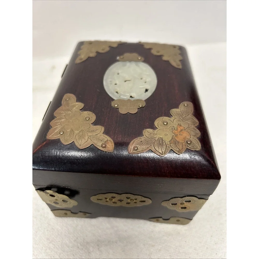 Vintage Jewelry Box Asian Oriental Chinese Ornate Brass Wood Jade Like Carving